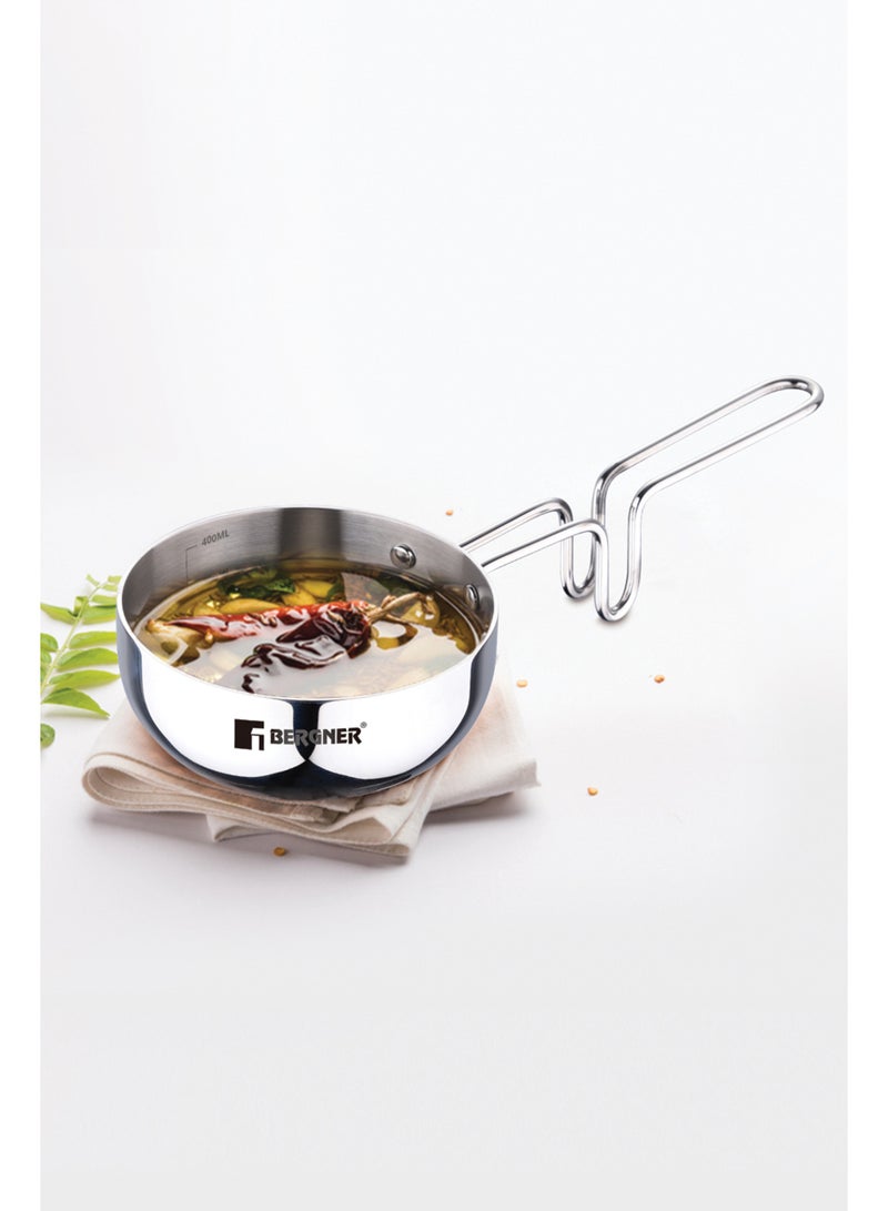 Bergner TriPro 12cm (500ml) Tri-Ply Stainless Steel  Tadka Pan, Spice Tempering & Seasoning Mini Frying Pan with Scale, Long Wire Handle, Smooth Surface Cookware, Induction & Gas Stove Compatible - Image 1